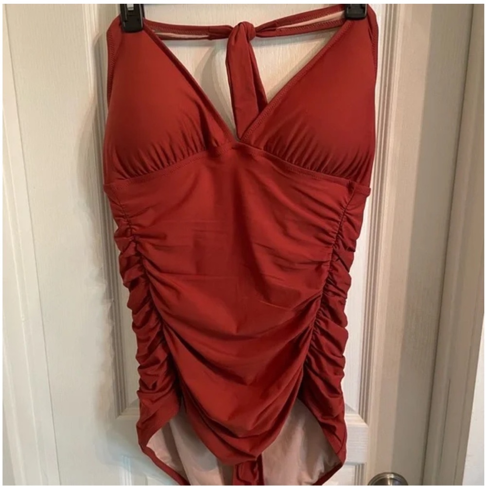 J. Crew Rust Red Ruched One Piece Halter Swimsuit